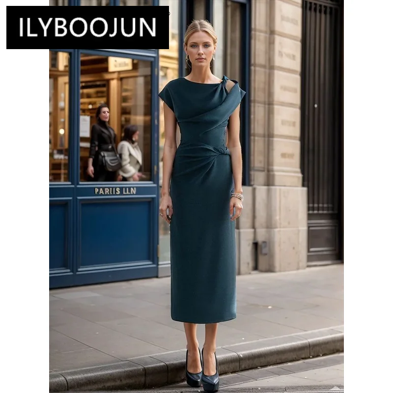 ILYBOOJUN Solid Temperament Spliced Folds Dress For Women Round Neck Sleeveless Tunic Slimming Dresses Female Fashion Style