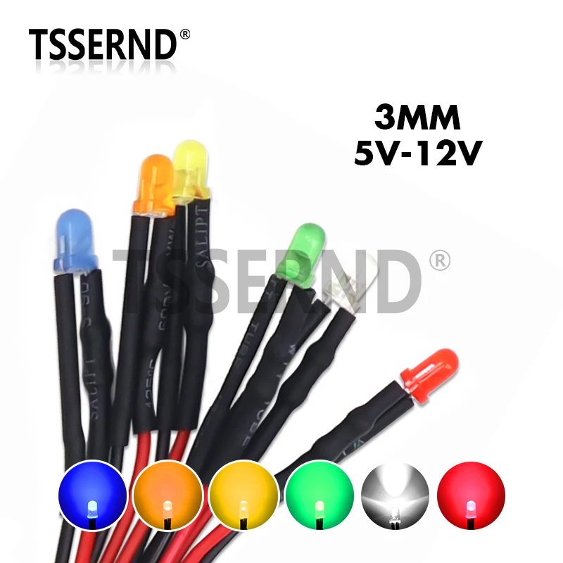 3mm 5mm 8mm 10mm LED 12V 20cm Pre-wired White Red Green Blue Yellow Orange Diode Lamp Decoration Light Emitting Diodes