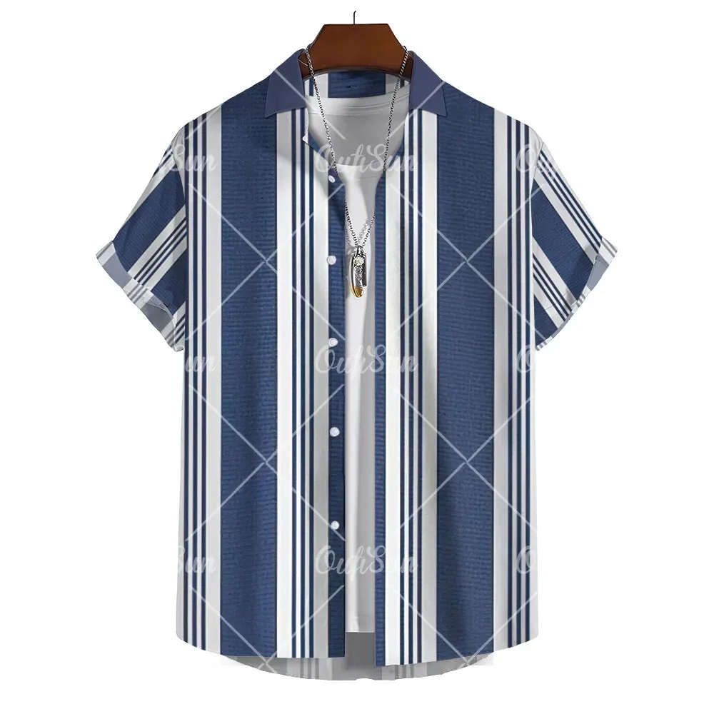 Summer Fashion Stripe Print Men\'s Casual Short Sleeve Shirt Daily Casual Business Wear Tops Oversized T-Shirt Size S-5XL