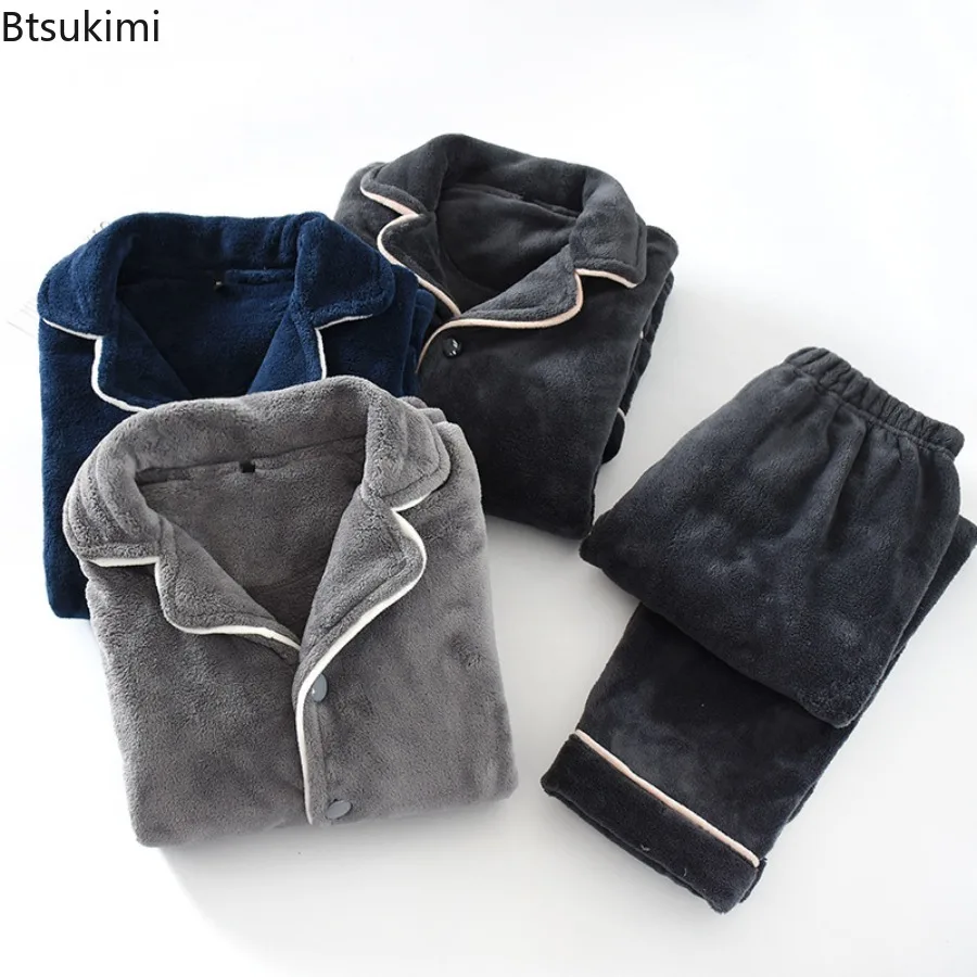 Couple's Winter Warm Coral Velvet 2PCS Pajamas Sets Solid Long Sleeve Tops and Pants Sets Homewear Oversized Sleepwear Set Male