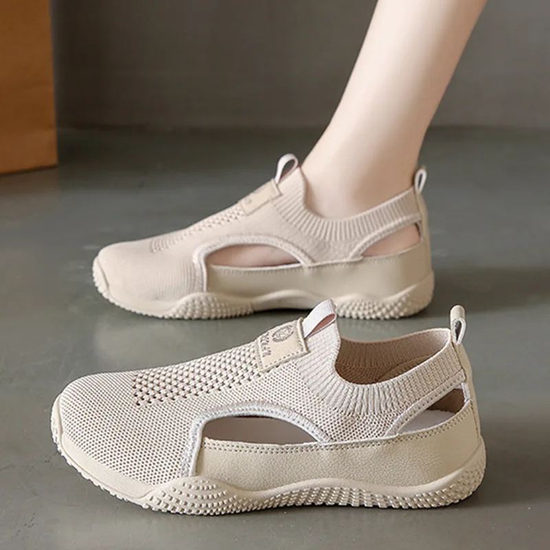 

Women's Lightweight Knit Sneakers Breathable Hollow Out Casual Shoes Comfort Elastic Band Non Slip Walking Flats for Beach