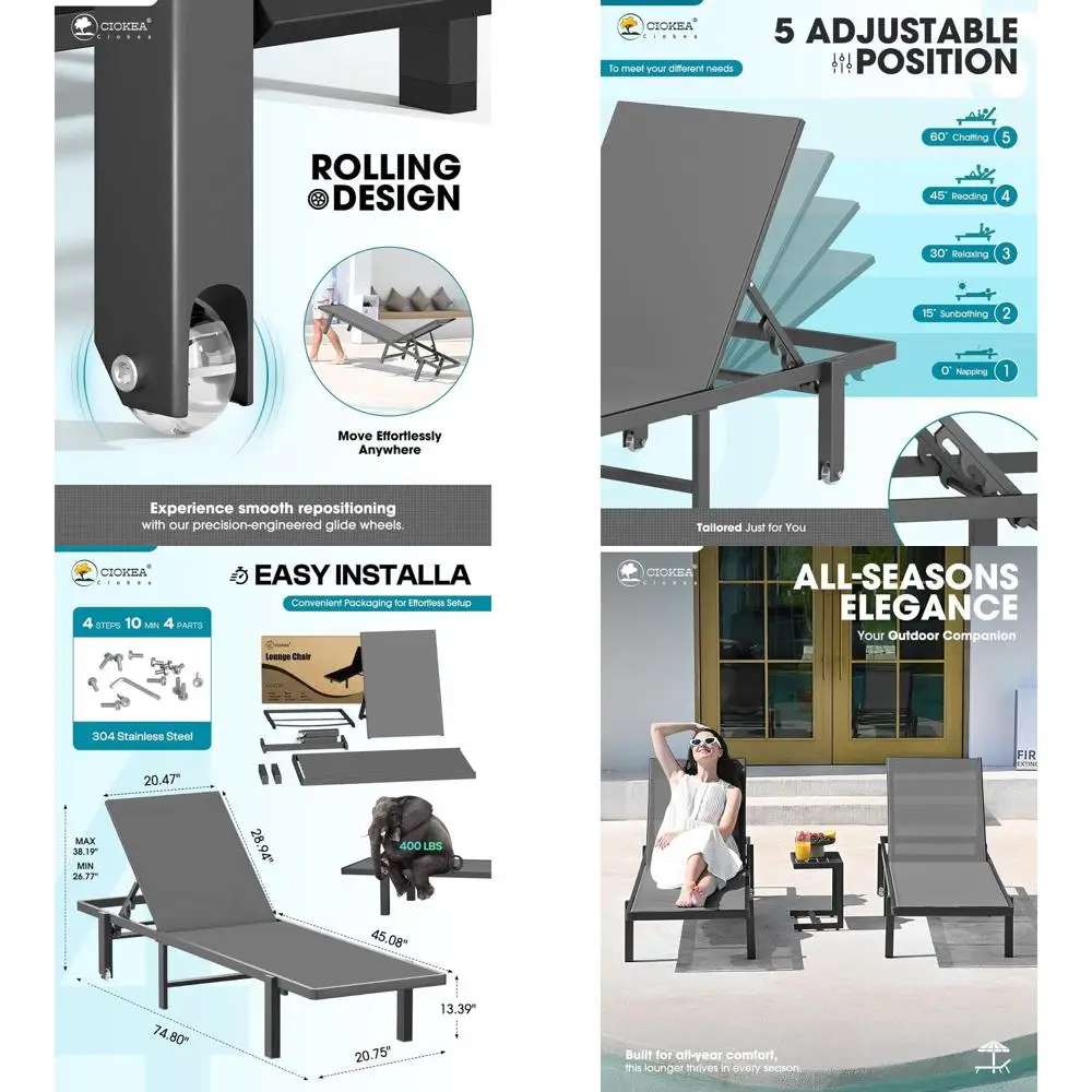 Chaise lounge de aluminio para exteriores con reclinación de 5 posiciones, silla bronceadora ajustable con ruedas, adecuada para patio, playa, piscina, Gre