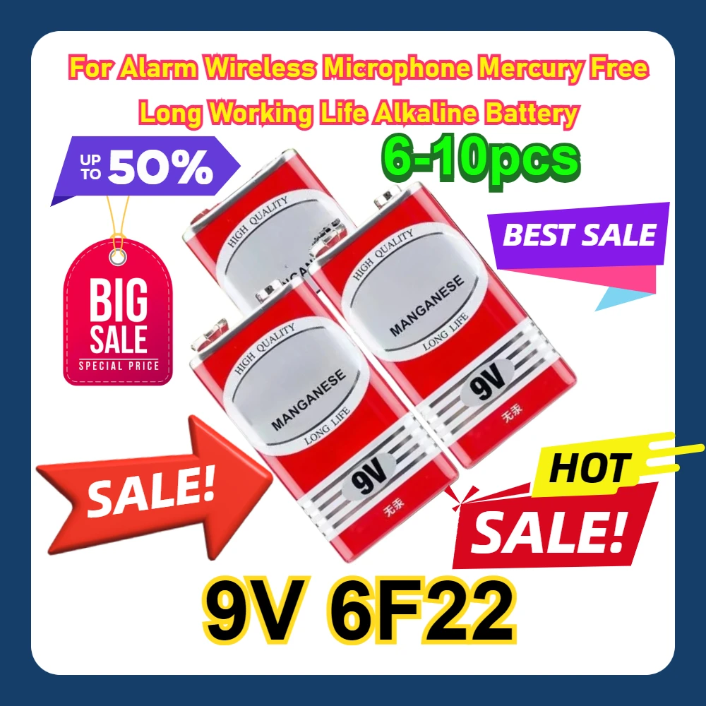 

6-10pcs 9V 6F22 For Alarm Wireless Microphone Mercury Free Long Working Life Alkaline Battery