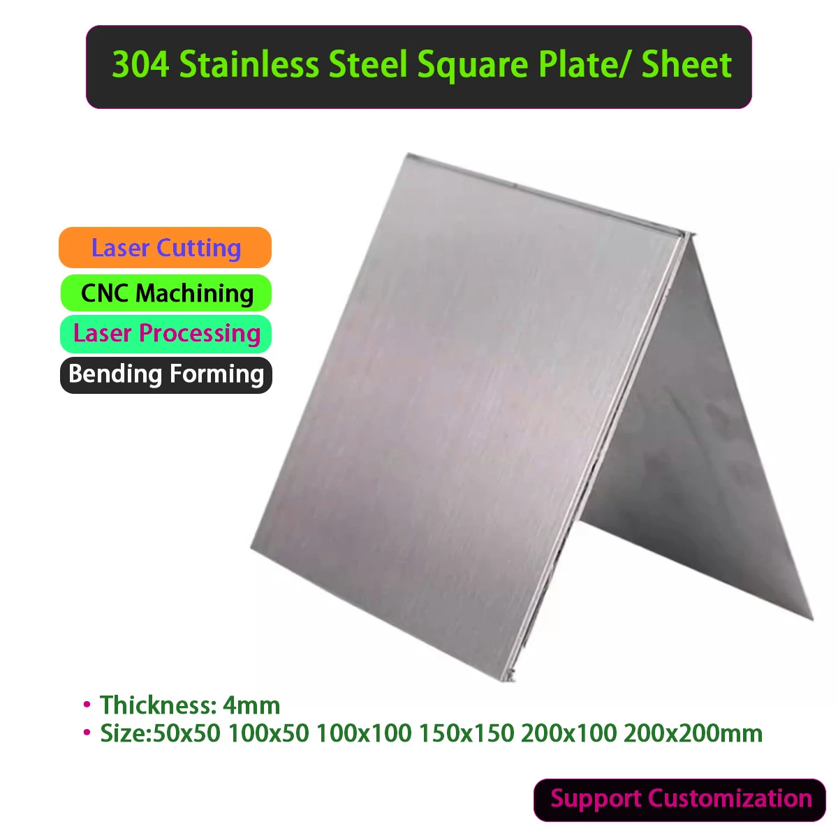 

304 Stainless Steel Square Plate Sheet Size 50x50 100x50 100x100 150x150 200x100 200x200mm Thickness 4mm