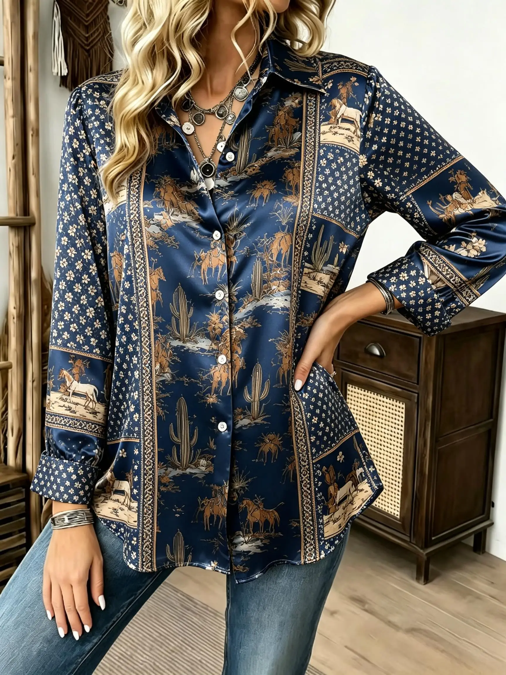 Women Western Striped Panel Horse Cactus Floral Print Turn‑down Collar Long Sleeve Button Front Loose Fit Blouse Top