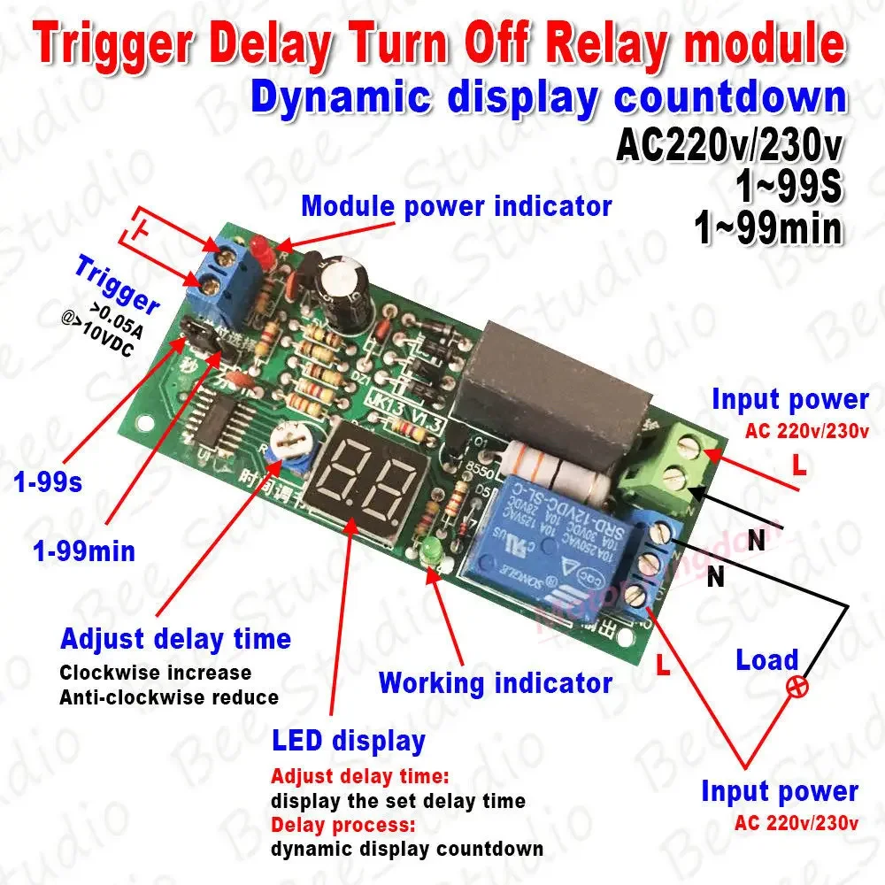 AC 220V 230V LED Display Delay Timing Timer Switch Turn OFF Time Relay Module Adjustable Timer Board 1-99S/1-99min