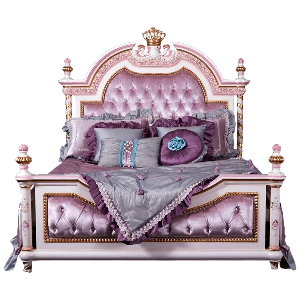 LEQ001A Royal European Style Solid Wood Kids Bed Bedroom Furniture Set with Drawing