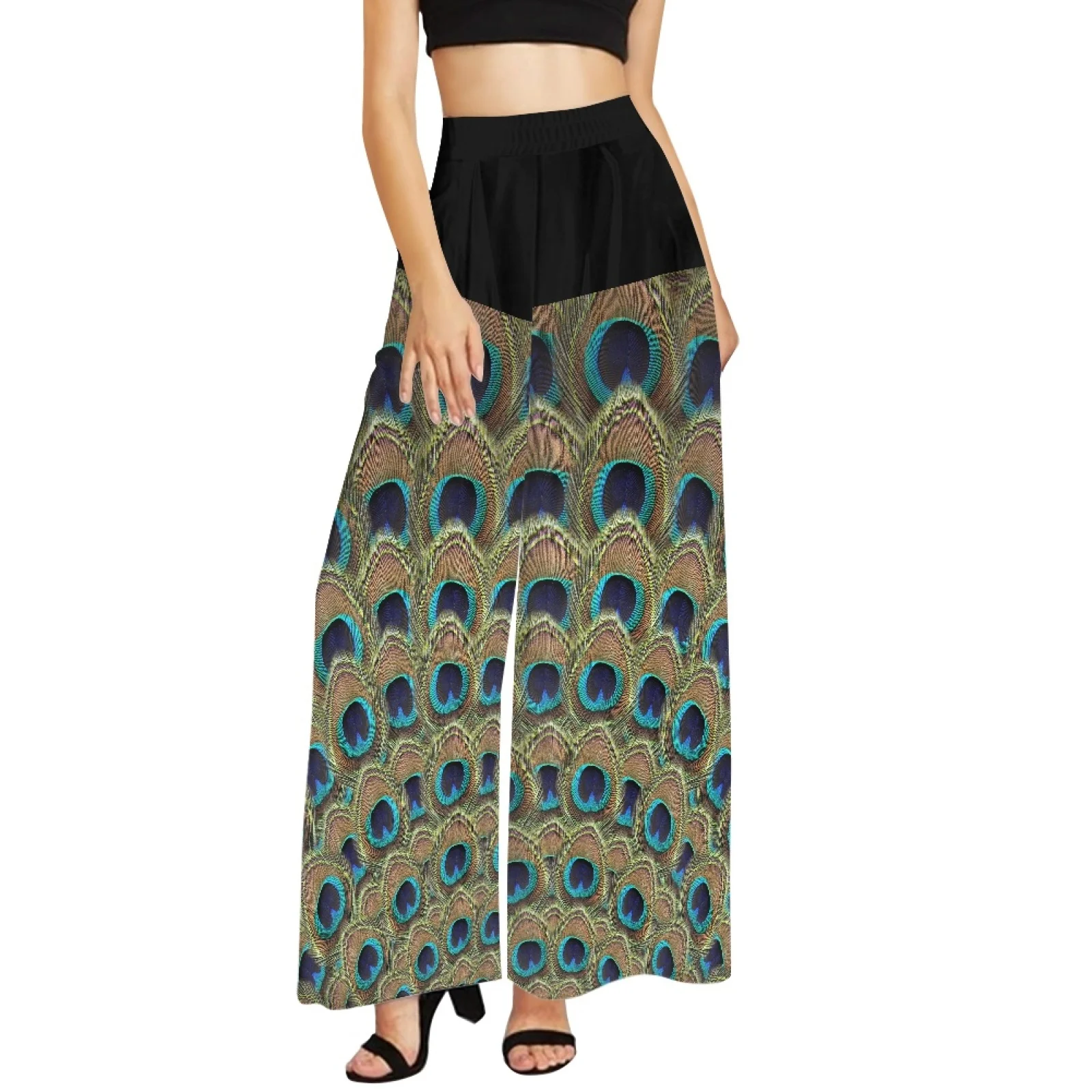 Samoa Tribe Colorful Feathers Print Wide Leg Pants Women Elasitic High Waist Sweatpants Ladies Loose Drawstring Long Pants