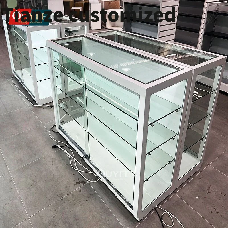 Customized-Store Retail Display Shelf Wooden Frame Glass Shelves Smoke Store Short Glass Showcase Smoke Shop Showcase Wi