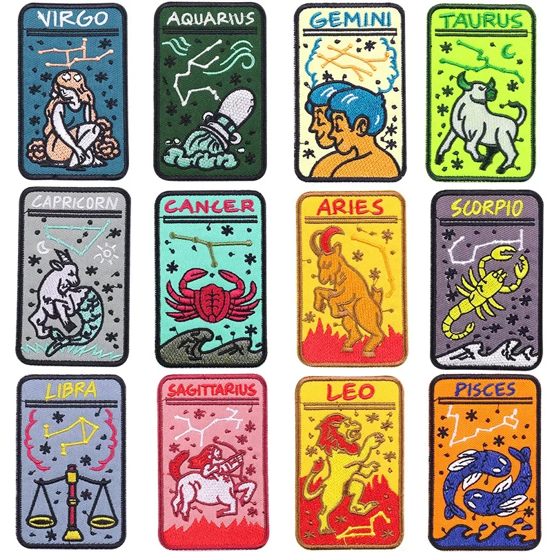 Cartoon Embroidery Patches 12-Constellation Zodiac DIY Iron on Patches Washable Clothes Badges Bags Hats Personalize Accessories