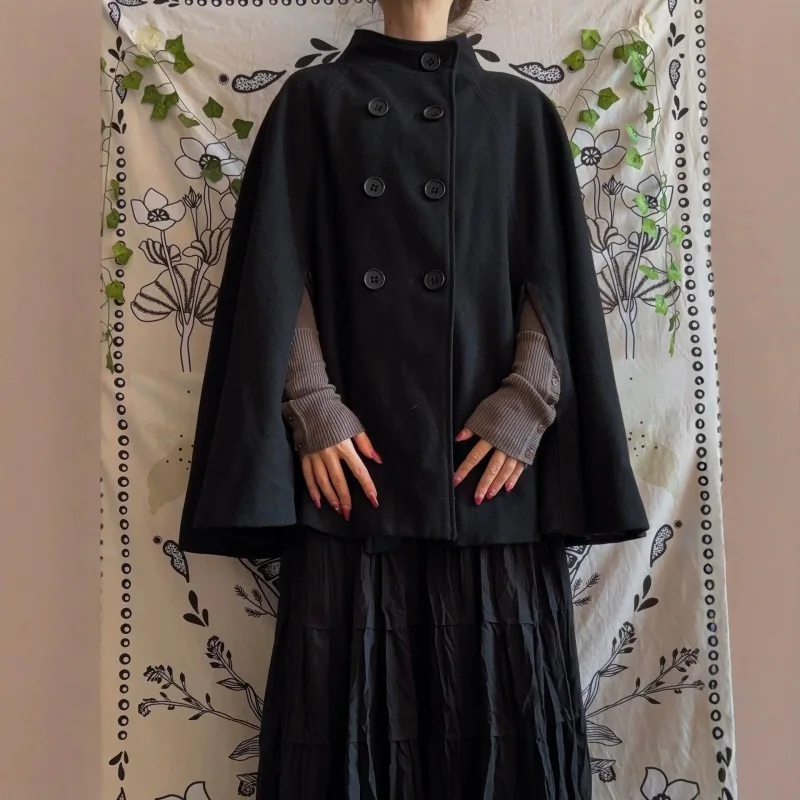 Vintage Gothic Women Cape Cloak Coat Stand Collar Double Breasted Wool Blend Loose Fit Black Autumn Winter Street Outerwear