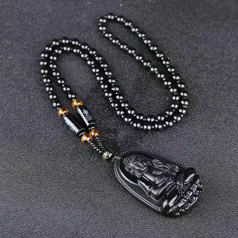 Black Obsidian Pendant Carved Design Beaded Chain Daily Wear Lucky Gift