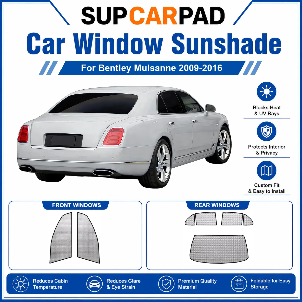 For Bentley - Bentley Mulsanne 2009-2016 Full Set Car Window Sunshades UV Block Privacy Heat Insulated Foldable Car Curtain