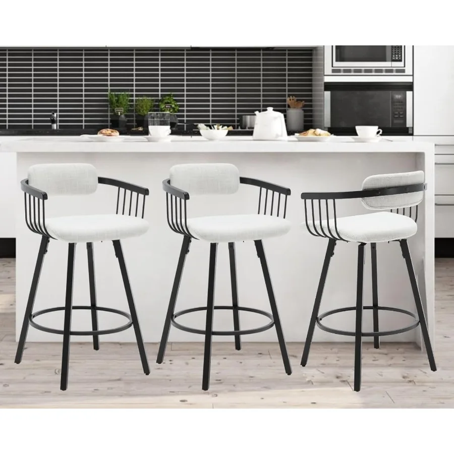 Modern Barrel Swivel Counter Stools Set of 3 Linen Upholstered Counter Height Bar Stools with Open Back 26 Inch Bar Stools Meta