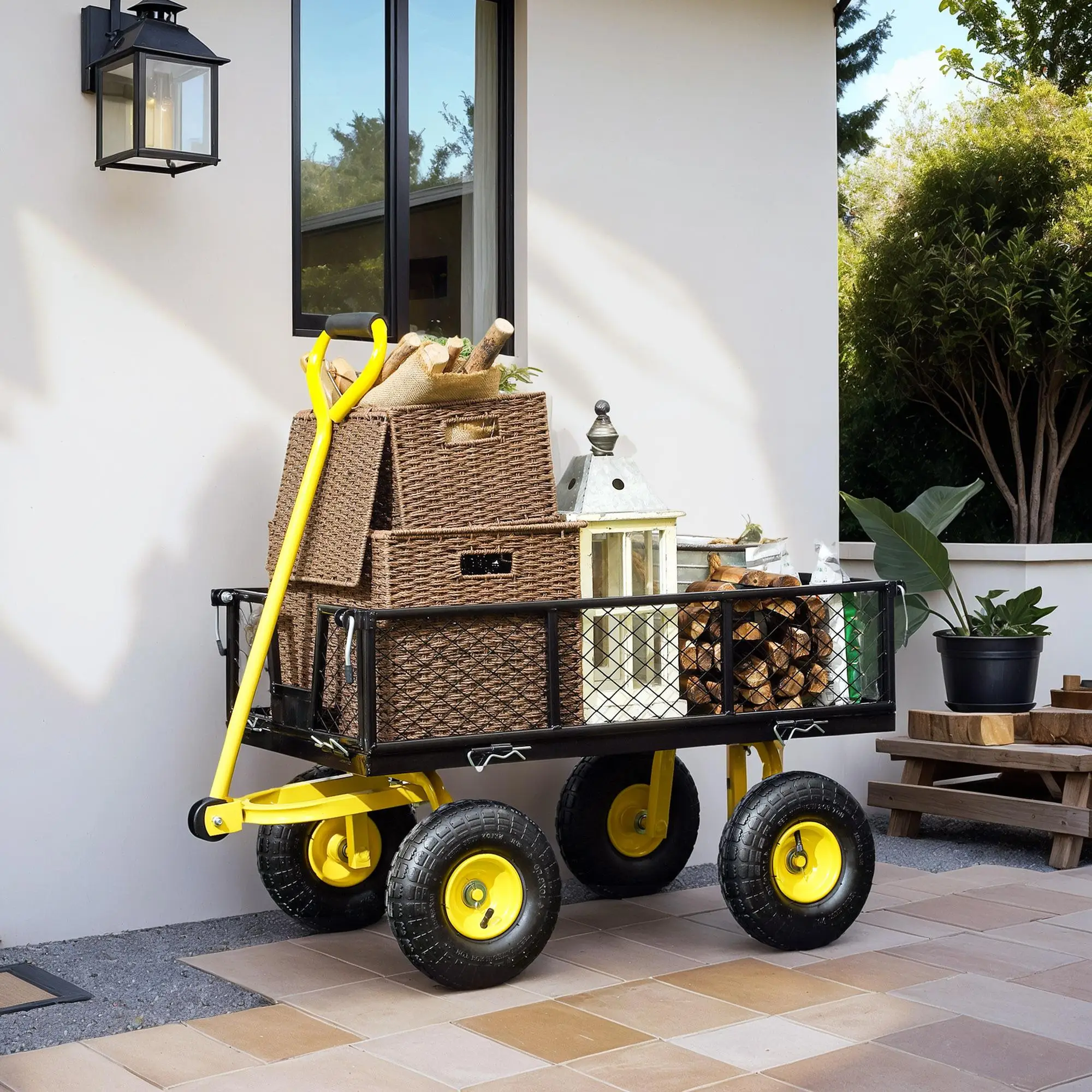 Carretilla de Jardín de Acero con Capacidad de Carga de 200 kg, Paredes Laterales Desmontables, Neumáticos de Goma de 4x25 cm, Color Negro-Amarillo para Exteriores