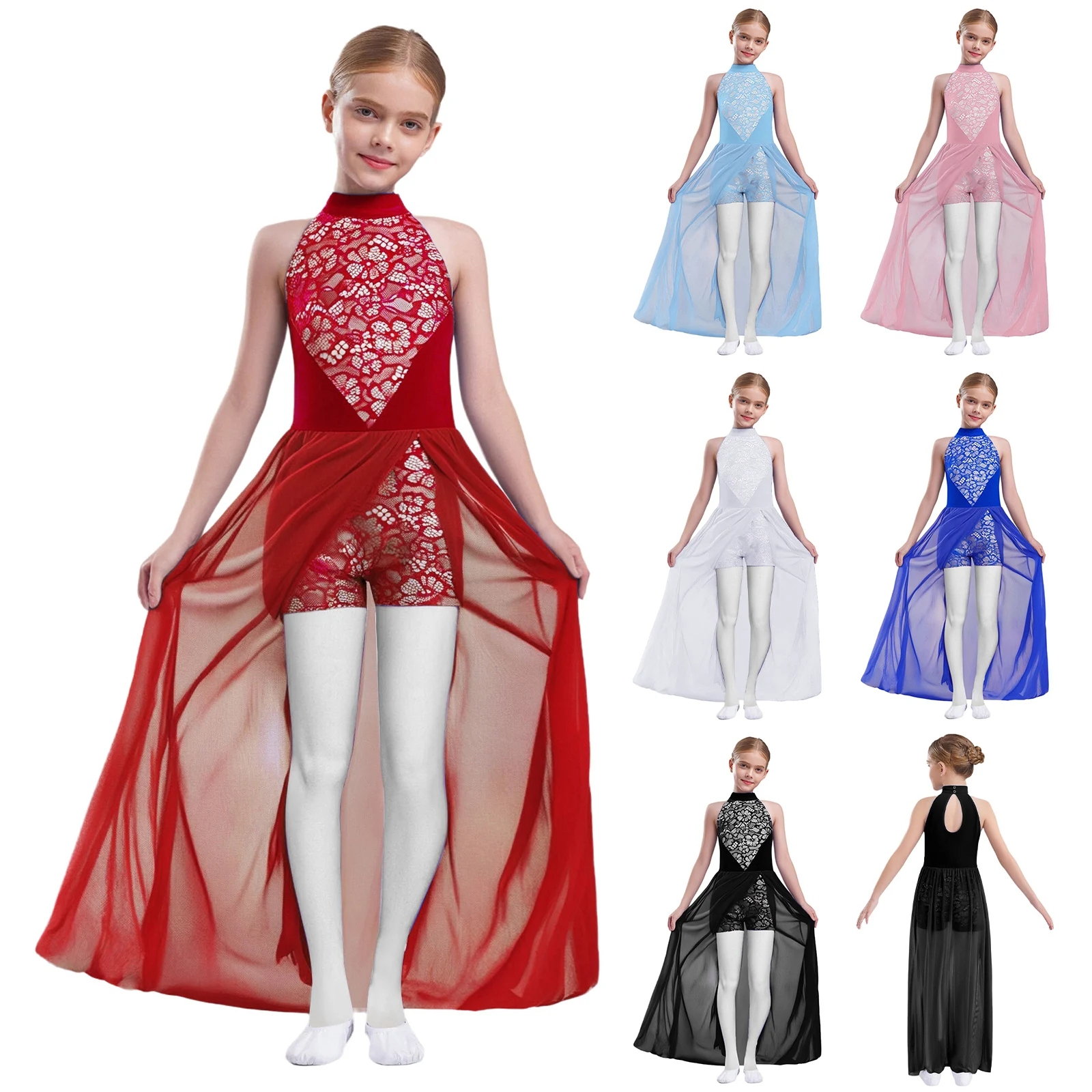 Mouwloze mesh maxi lange balletjurk kinderen meisjes hedendaagse lyrische danskostuum turnpakje jumpsuit met vloeiende mesh overlay