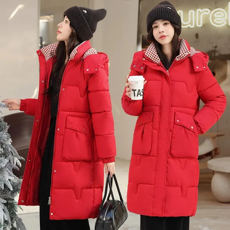 2024 New Winter Jacket Long Parkas Women Down Padded Coat Puffer Jacket Hooded Big Pocket Down Cotton Snow Female Overcoat Outwe