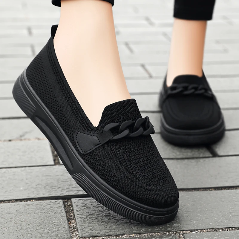 Women\'s Summer Footwear Slip On Female Chain Ballet Flats Sneakers Elegant Comfortable White Nurse Shoes Ladies Loafers