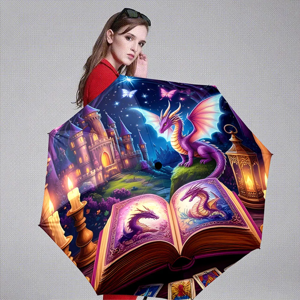 Fantasy Dragon and Enchanted Castle Night Scene Umbrella portable waterproof sun rain umbrella for outdoor travel beach