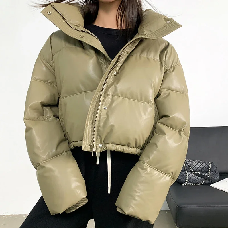 Gidyq-Parkas cortas de cuero Pu para mujer, ropa de calle gruesa y cálida, chaqueta de plumón que combina con todo, ropa de abrigo Puffty con