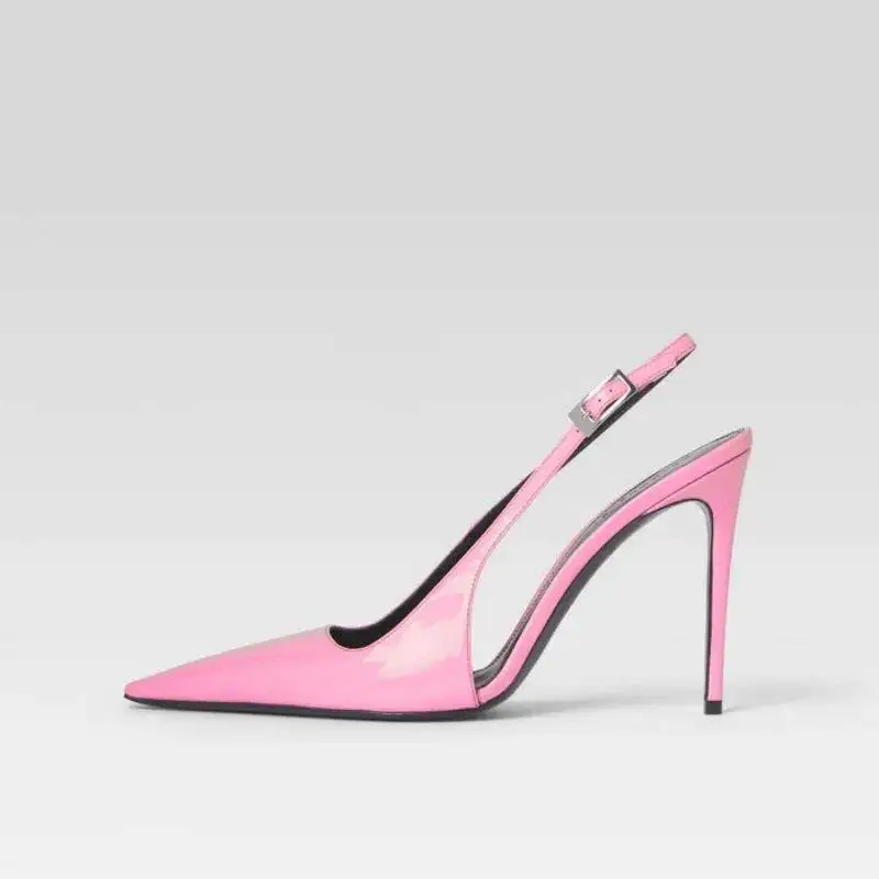 

New Fashion Single Shoes Pointed Pink Patent Leather Buckle Stiletto Women's Shoes Large Size Shallow Mouth Single Shoes