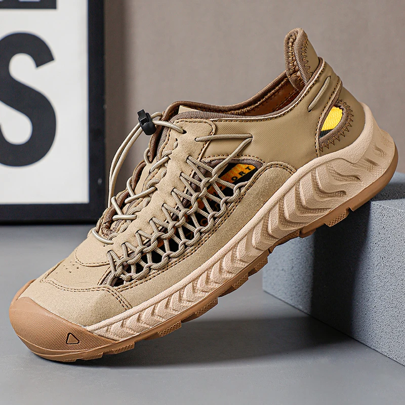 

Summer men's casual beach shoes with genuine leather splicing mesh breathable design, anti slip, wear-resistant, shock-absorbing