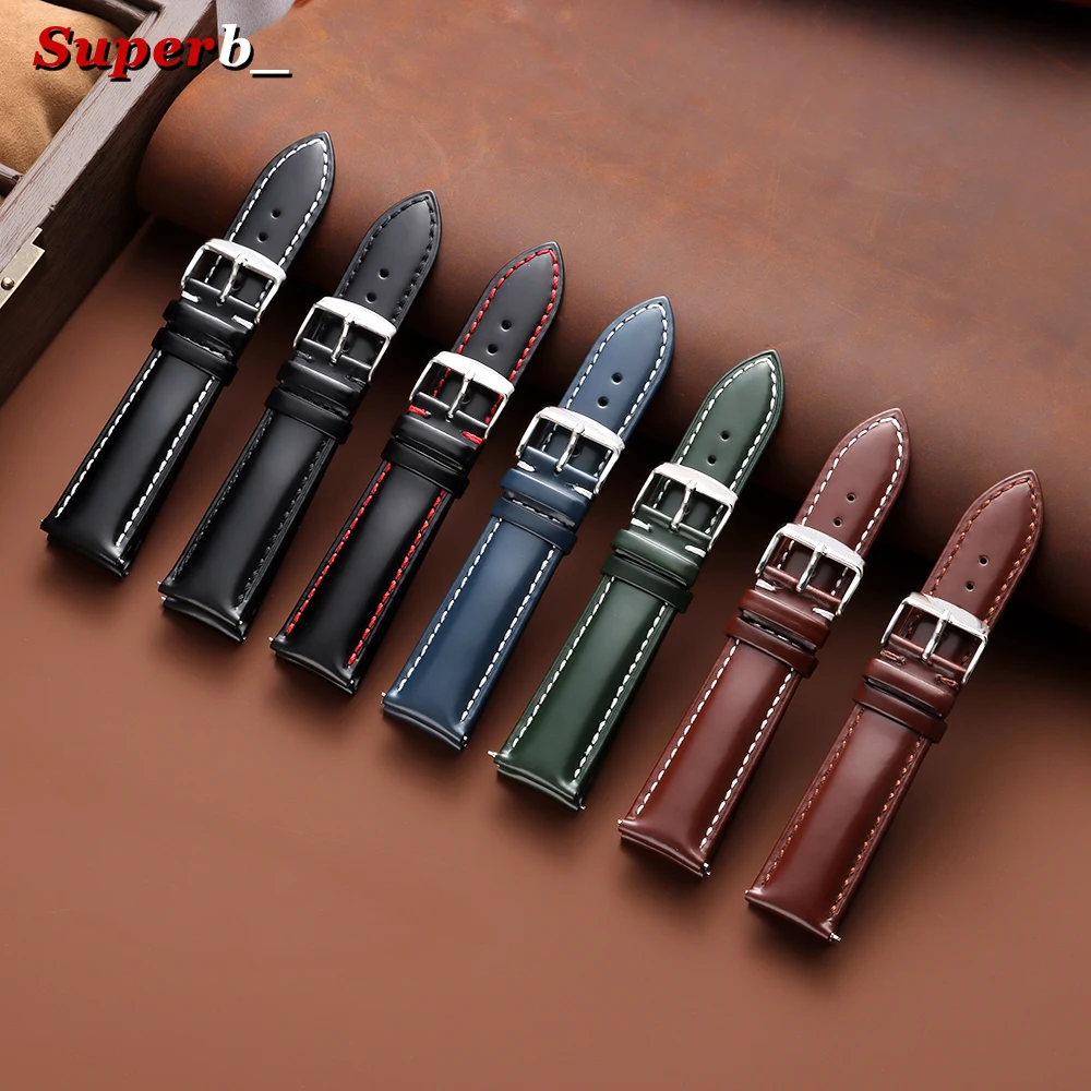 20mm 22mm Glossy Oil Wax Leather Watch Straps for Men Business Universal Quick Releases Watch Band for Samsung Watch 7/6/5/4