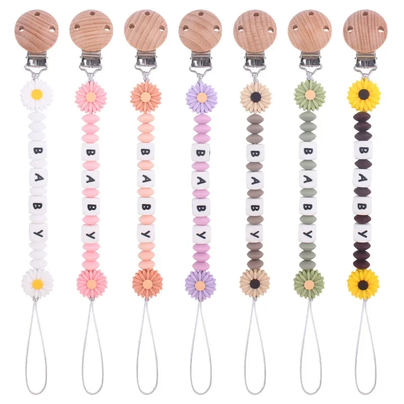 Clips redondos de madera con nombre personalizado para bebé, cadena de chupete con cuentas de silicona y flores para mordedor, juguetes de lactancia, soporte para chupete hecho a mano