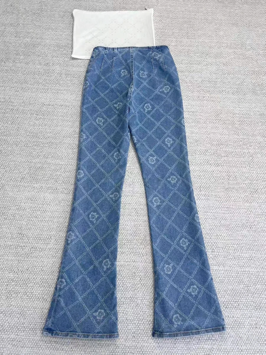 

Handmade Camellia Print Denim Jeans for Women - Slimming Wide Leg in Black & Blue