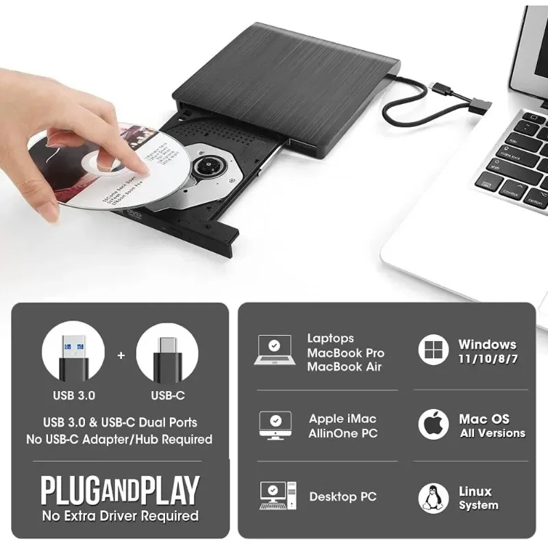 외부 CD/DVD 드라이브 USB3.0 Type-C 노트북용 휴대용 광학 드라이브 데스크탑용 CD/DVD 버너 리더 Windows Linux OS MacBook