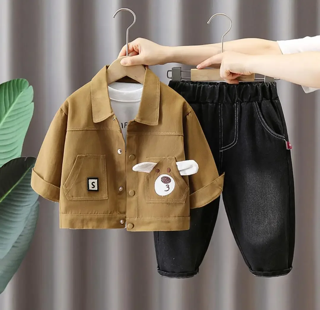 Children Baby Clothing Suits Spring Autumn Cartoon Bear Pockets Casual Jackets+T-shirts+Pants 3Pcs Tracksuits Toddler Boys Sets