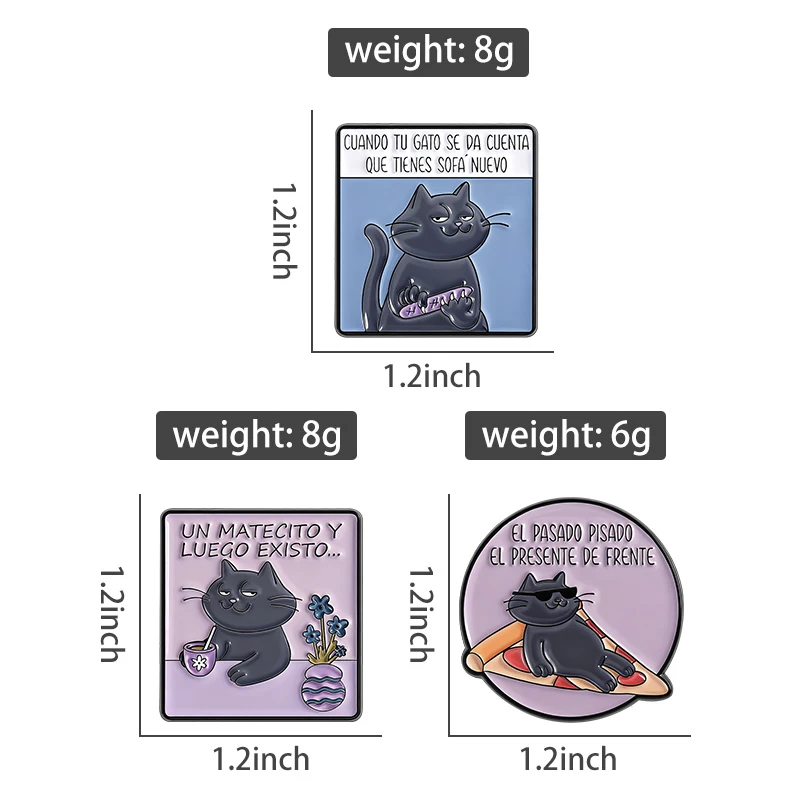 Humorous Spanish Black Cats Quotes Enamel Pins Brooches Lapel Badges Cartoon Cute Animal Jewelry Gift for Kids Friends
