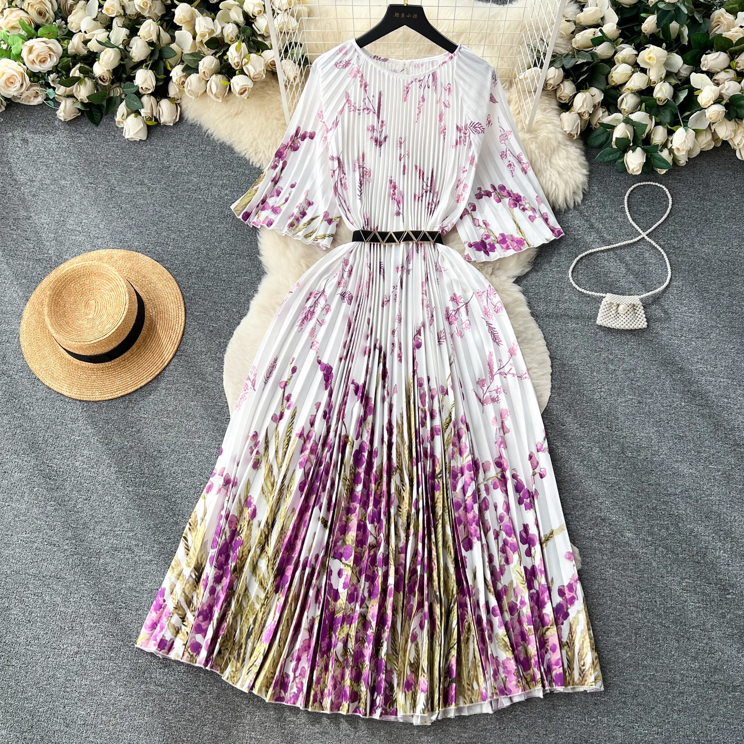 

French Retro Round Neck Short Sleeve Printed Dress Women'S Summer Lace-Up Waist Slim Loose Pleated Skirt Elegant Long Dresses