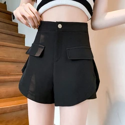 Women Clothing Summer Fashion Elegant High Waist Black Suit Short Pants Office Lady Casual Loose Pockets Irregular A-line Shorts