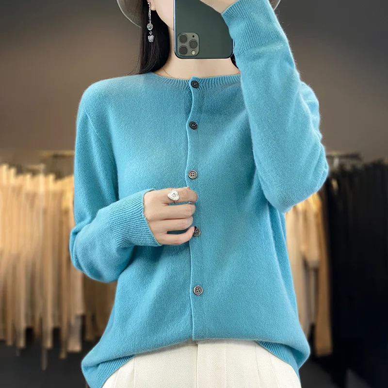 Pure Wool Knitted Cardigan Women\'s Sweater Round Neck Loose Jacket Autumn Winter New Long Sleeved Simple Versatile Casual Top