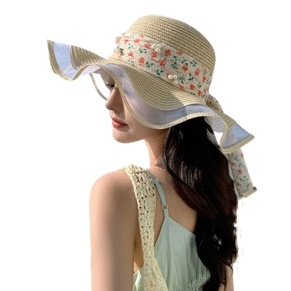 

Fashion Breathable Lace Streamers Straw Hat Pearl Bowknot Wide Brim Sun Hat Large Brim Sweet Fisherman Sunshade Cap Girls