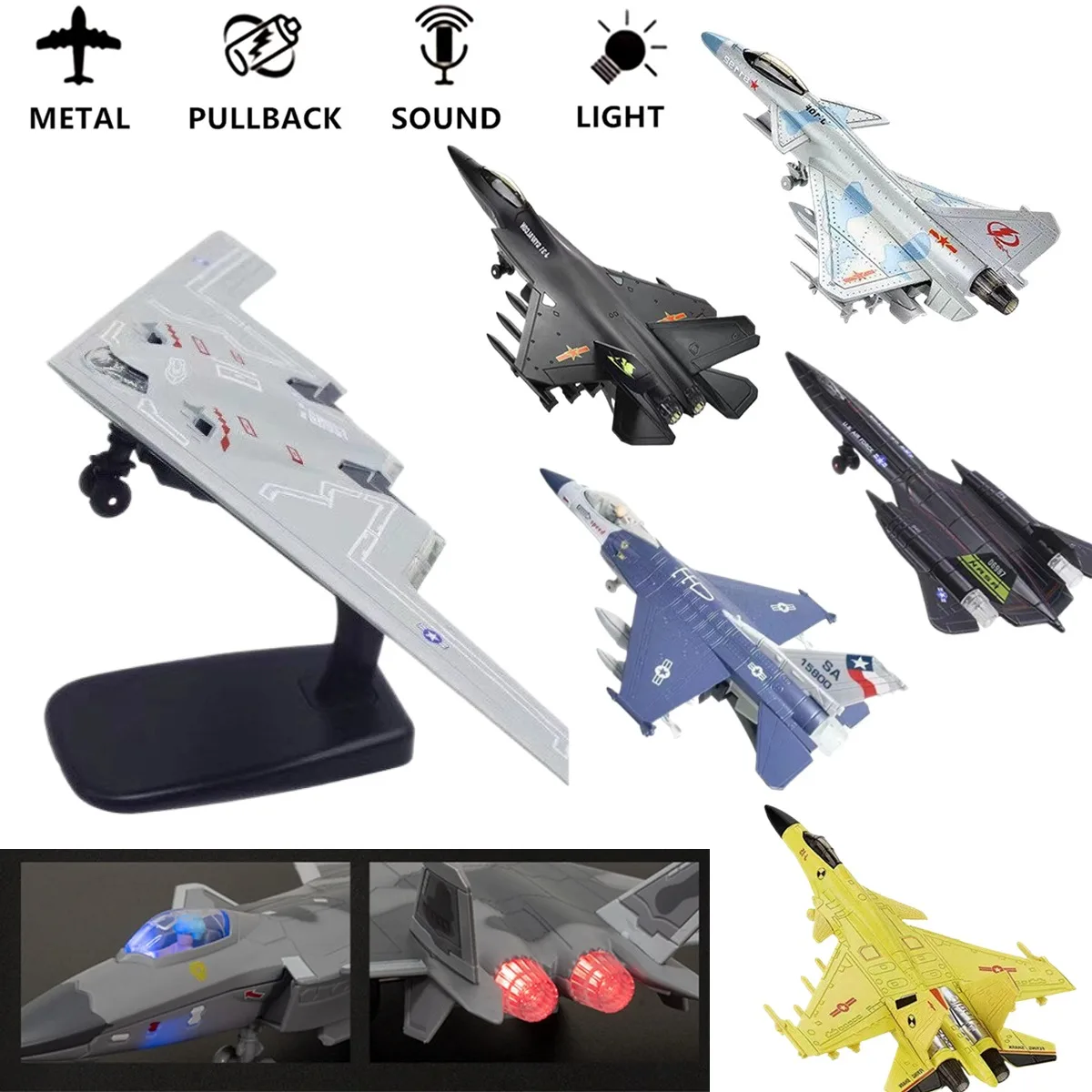 

1:50 Pullback & Go Fighter Aircraft with Light Sound, F22 B2 F35 Rafale Diecast Plane Model Scale Replica Kid Boy Baby Gift Toy