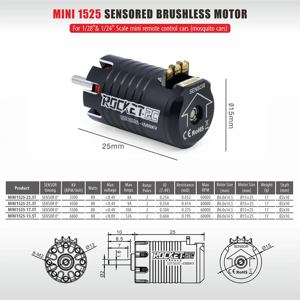 Rocket RC MINI 1525 Sensored Brushless Motor 13.5T 17.5T 21.5T  for 1/28 1/24 RC Car Kyosho Mr03 Pro Mini-Z Mosquito Cars