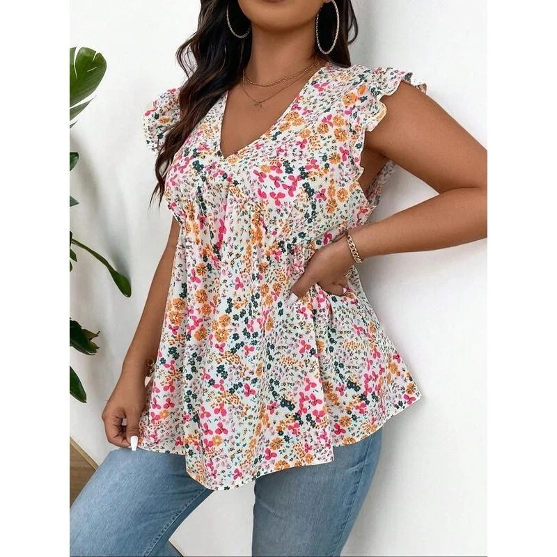 

Sweet Floral Print V Neck Blouse Women's Fashion Spring Collection Five Sleeve Length Other Material 100% Cross-Border
