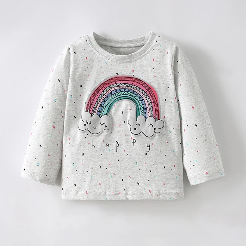 

2025 New Spring and Autumn Girls' Round Neck Cute Rainbow Pattern Candy Color Wave Dot Bottom Shirt
