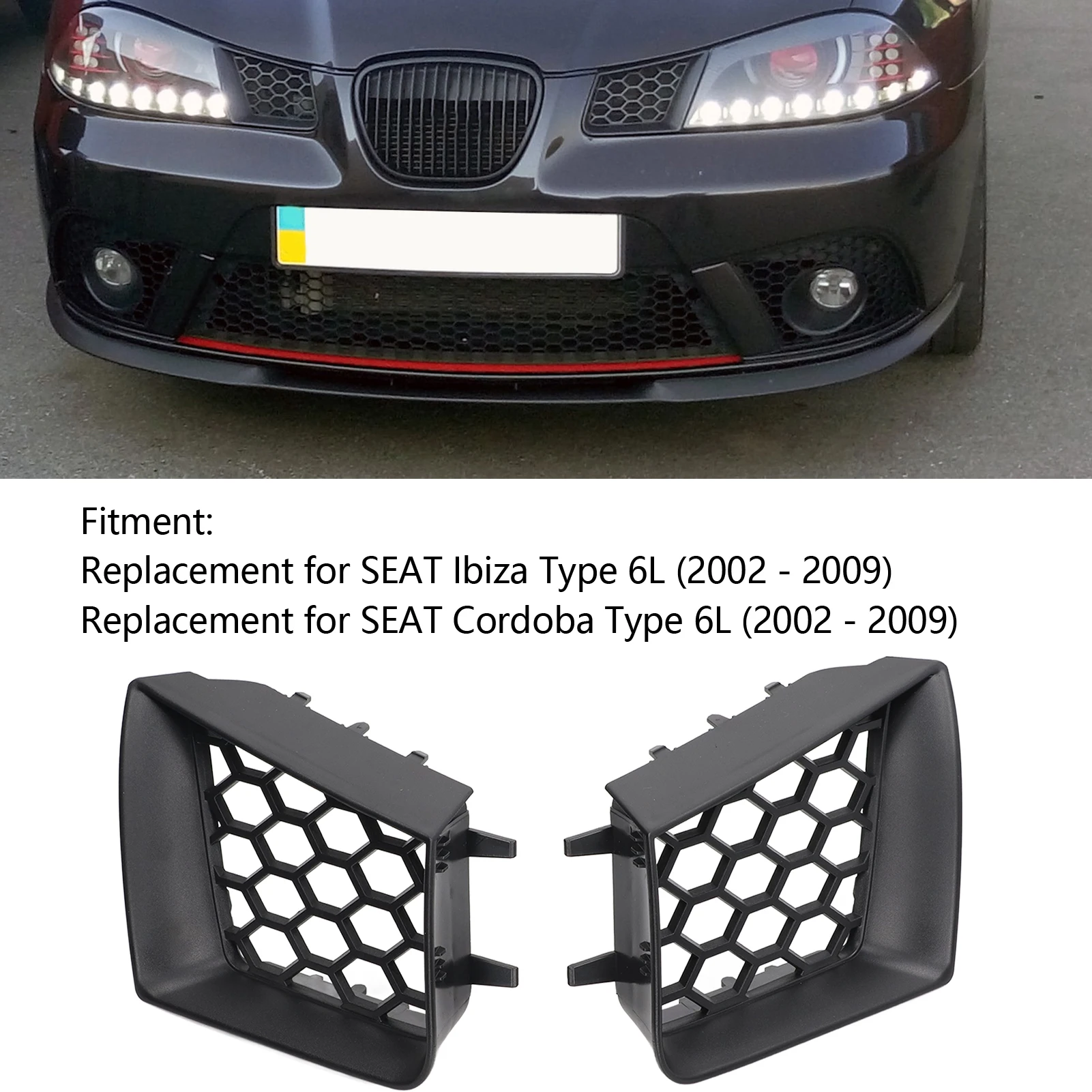 2pcs Front Bumper Upper Grill Left Right Matte Black Replacement for Seat Ibiza Cordoba 6L 2002‑2009