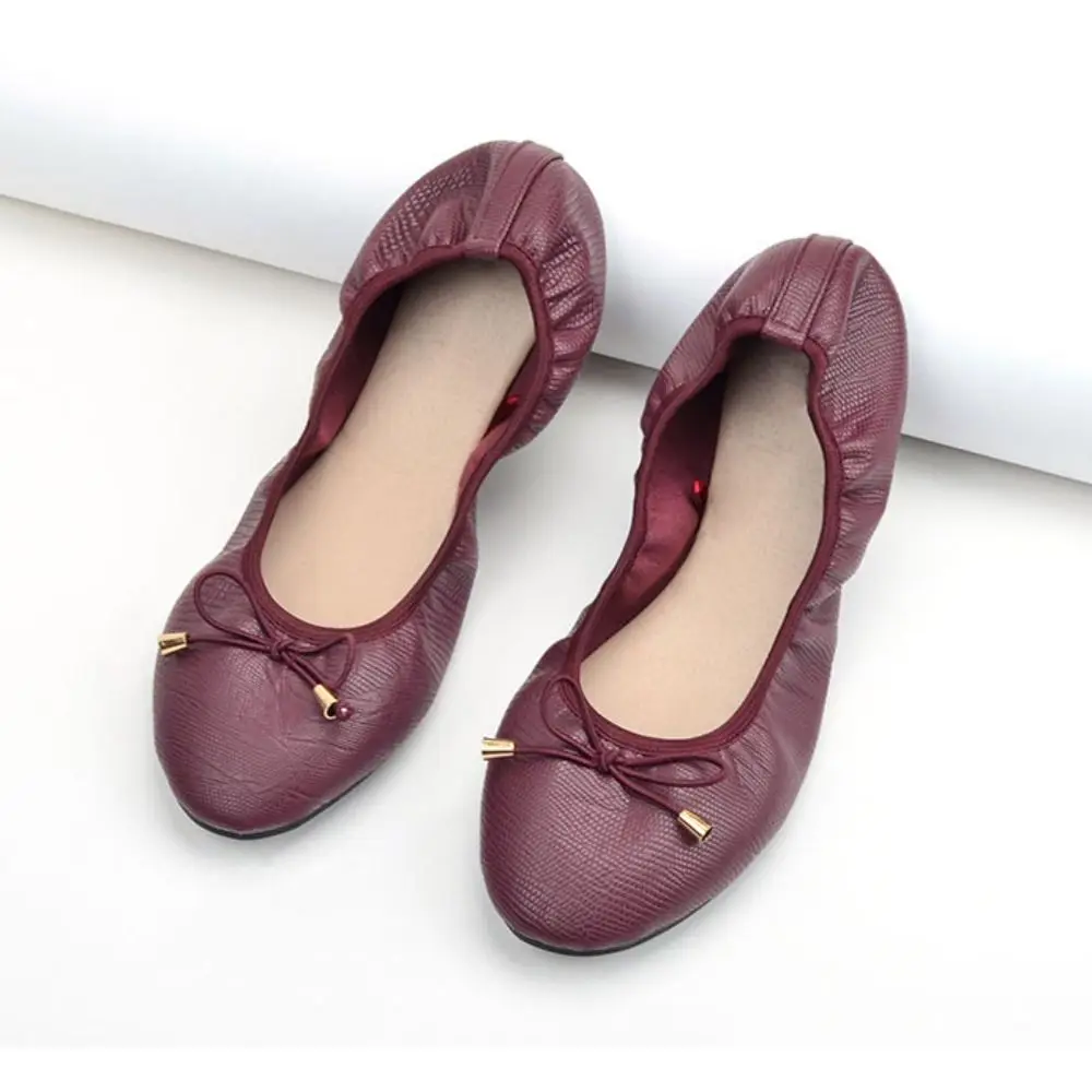 Solid Color Shallow Mouth PU Ballet Shoes Thread Bowknot Soft Sole Flat Shoes Foldable Lightweight Ballet Flats Women Yoga