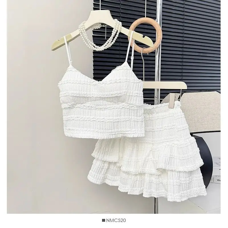 Ballet Style Fluffy Short Skirt Women's Summer Lace Suspender Vest Design, Half Skirt Pure Desire, Sweet and Spicy Two-piece Set