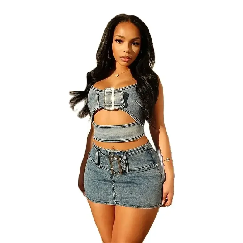 

Women Adjustable Snaps Slim Sleeveless Tops Denim Two Piece Sets Ultra Short Wrap Hip Skirt Female Suits Casual Streetwear 2024