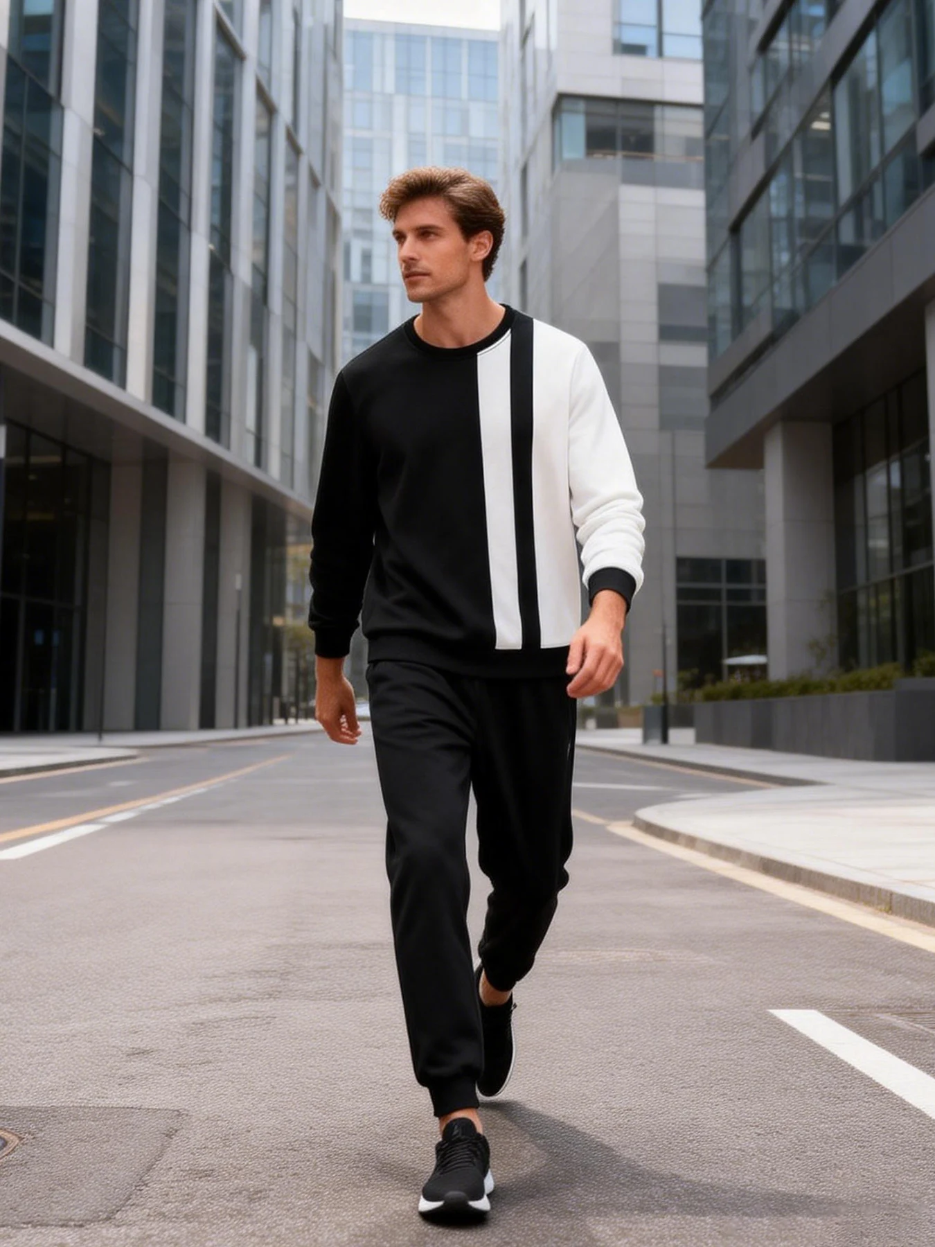 Men's Black and White Vertical Stripe Color-Block Crewneck Long-Sleeve Sweatshirt and Black Jogger Sweatpants Two-Piece Set, Spring and Autumn Loose Trendy Sports Suit, Mature Men's Daily Commute Casual Outfit Complete Set