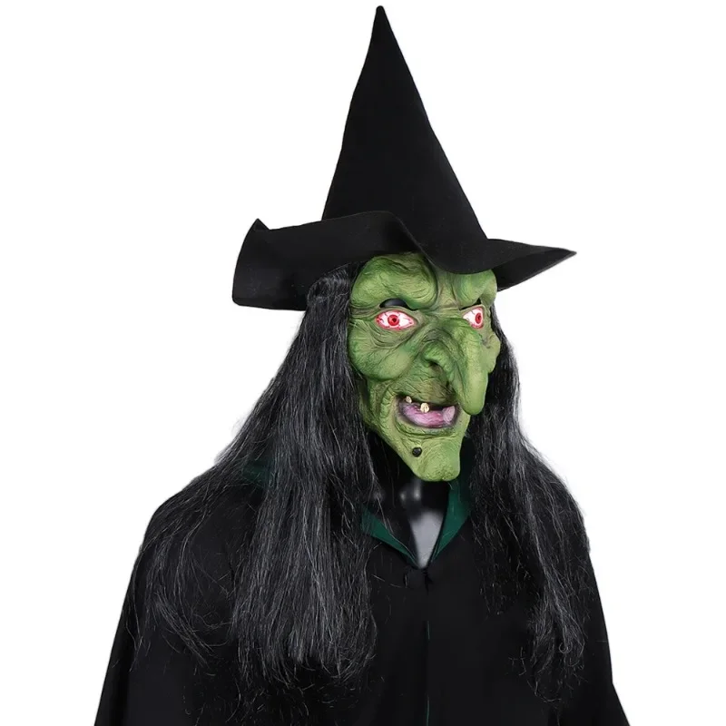 Maschera da strega antica horror di Halloween con cappello Cosplay Pagliaccio spaventoso Hag Maschere in lattice per il viso verde Naso grande Costume da donna anziana Puntelli per feste