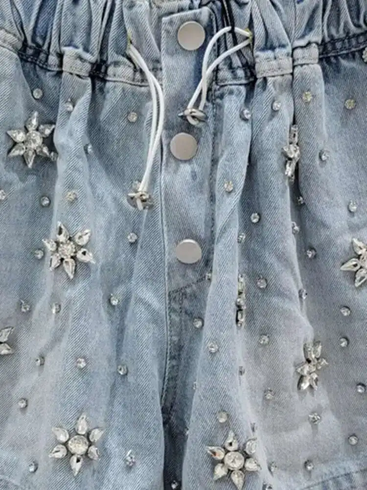 ヨーロッパのカラフルなダイヤモンドビーズハイウエストワイドレッグポケット巾着ブルーデニムショートパンツパンツ春夏