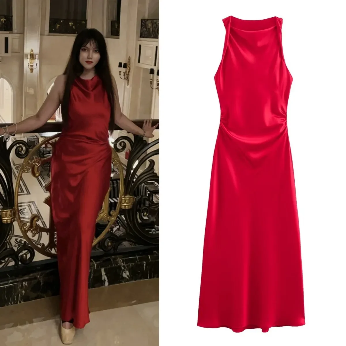 LIBIELIY Spring/summer New Women's Elegant Fashion Wrinkled Silk Satin Party Sexy Slim Sleeveless Dress