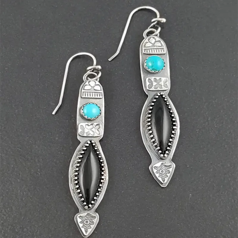 Ethnic Long Metal Hand Inlaid Black Color Stone Earrings Boho Ladies  Statement Drop Earrings for Women