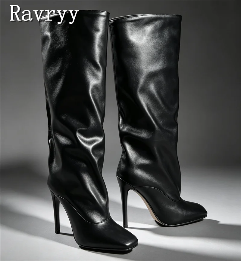Women Black White Faux Leather Slouch Knee High Boots Square Toe Slip On Stiletto Long Boots Fashion Party Evening Heeled Boots